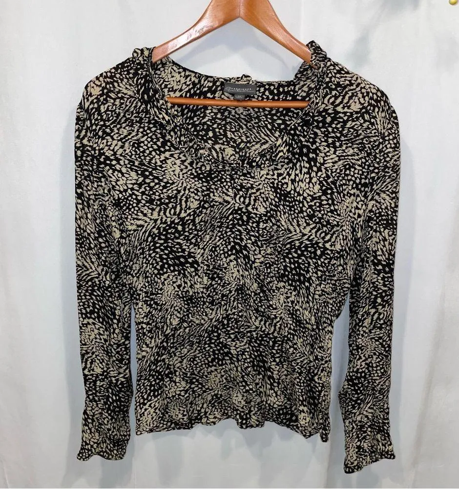 Y2K silk Classiques Entier floral ruffle collar blouse flowy vneck black tan - Image 3