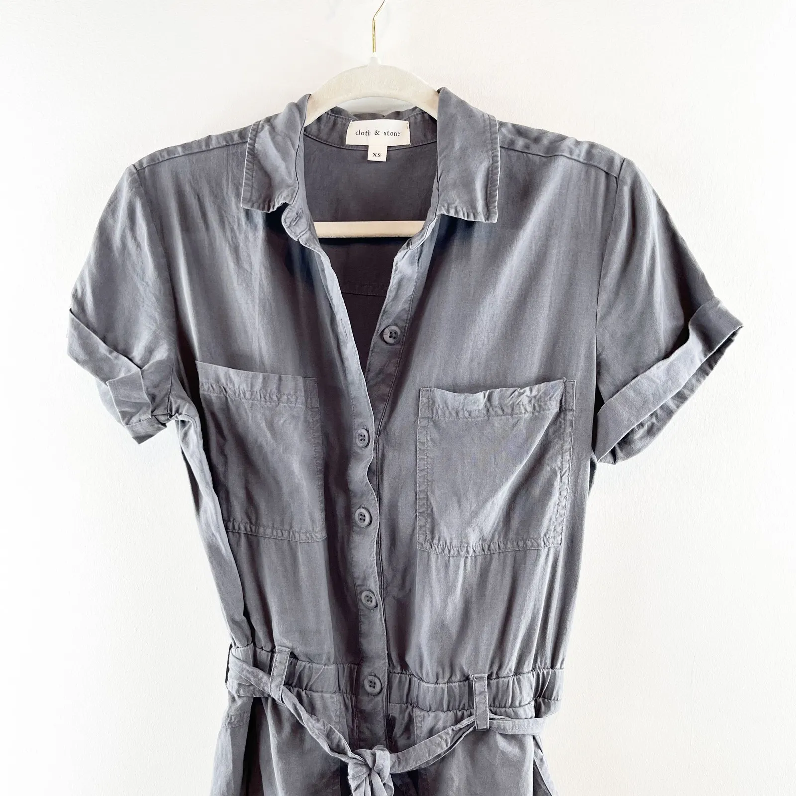 Cloth & Stone Tencel Lycocell Short Sleeve Belted Shorts Romper Gray XS - Image 4