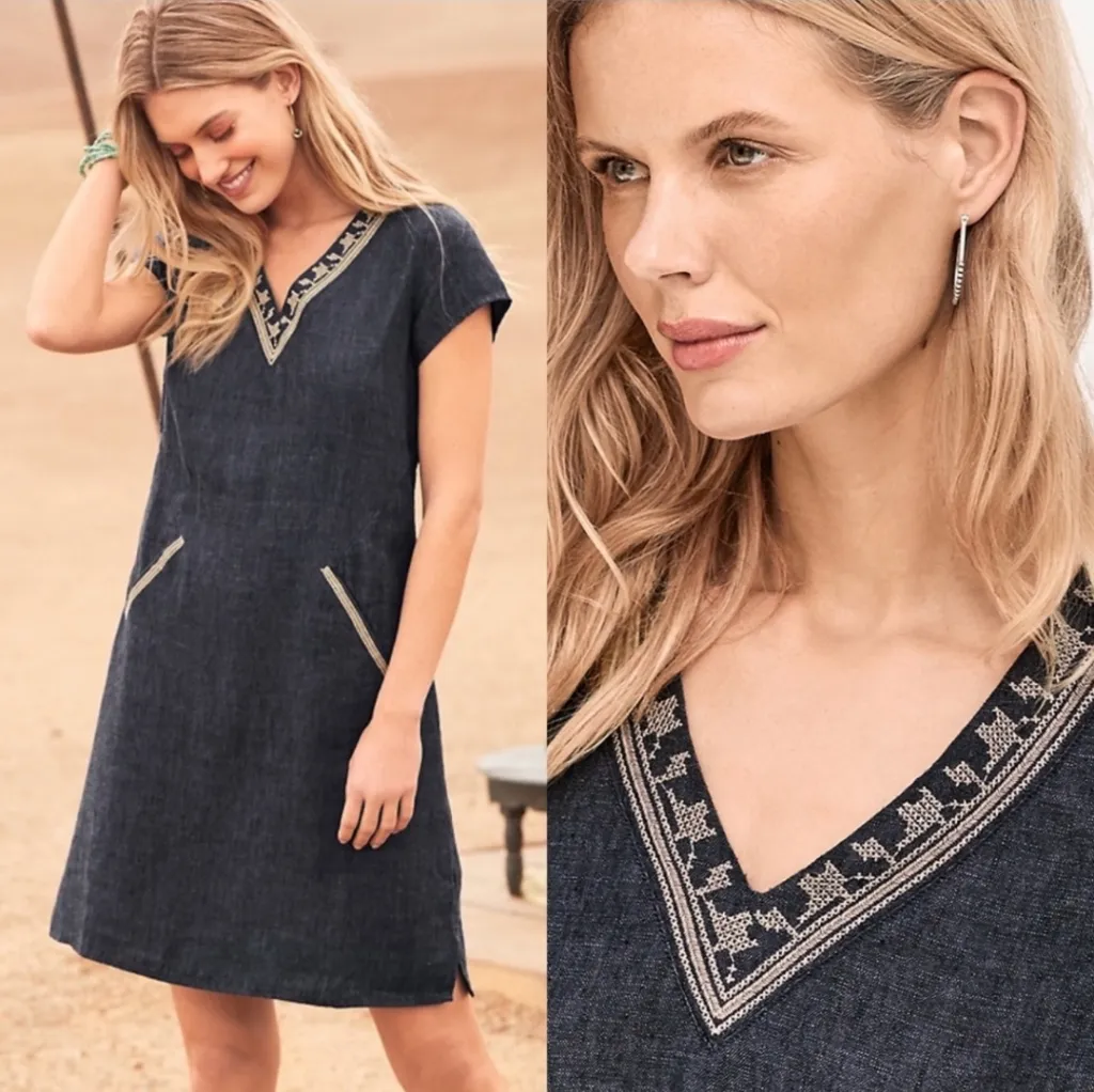 Garnet Hill Linen Embroidered Pocket Detail Coastal Grandma Beach Dress Size 14 - Image 2