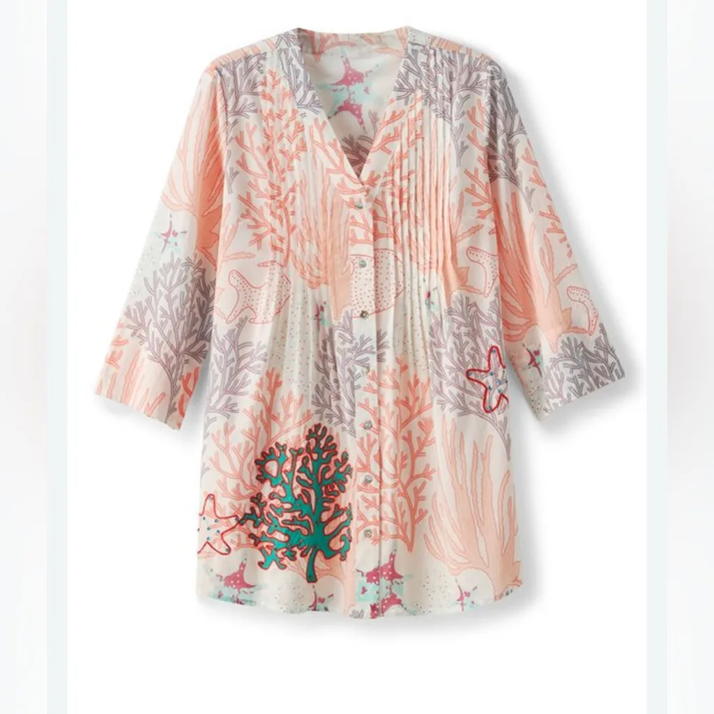 Soft Surroundings Malha Reef Tunic Cotton Embroider Sequin Button Shirt Blouse L - Image 3