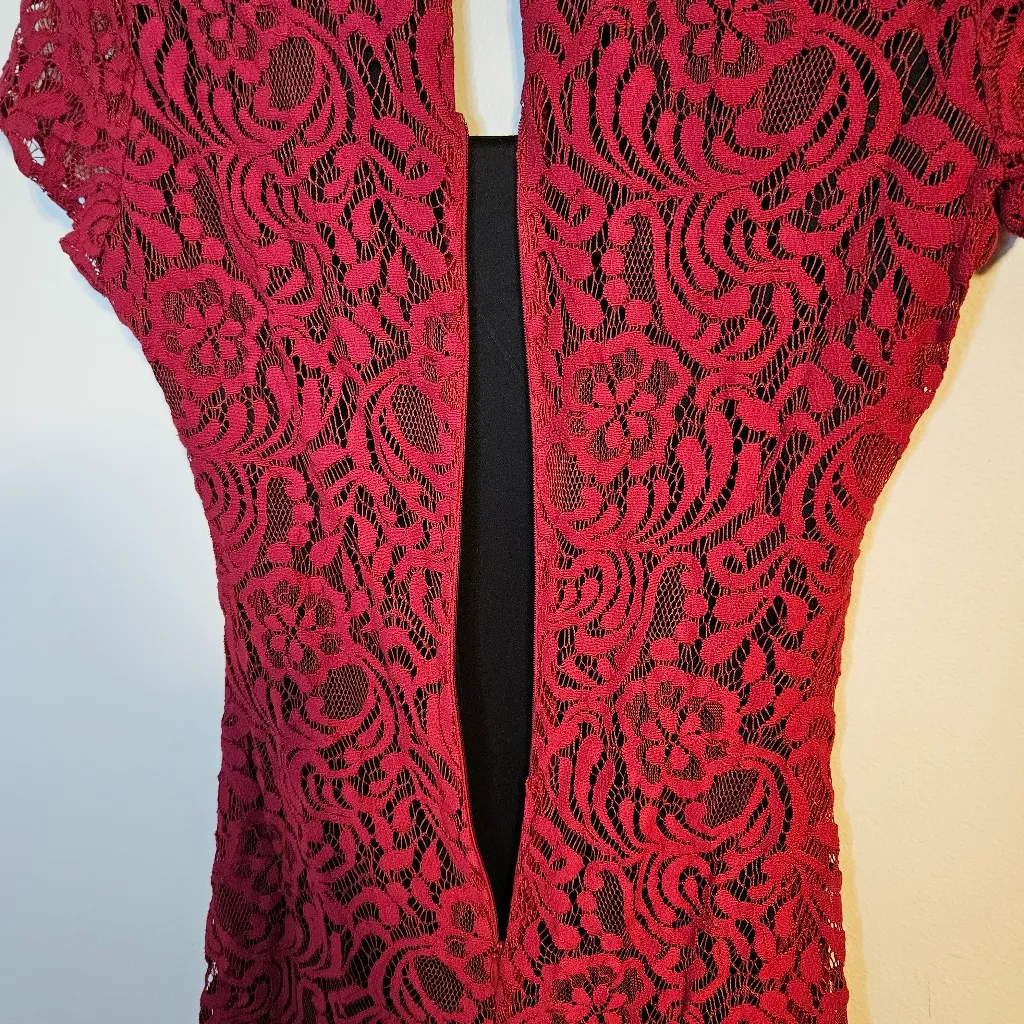 Eva Mendes Dress New York & Company Red Lace Bodycon Black Midi Cocktail Party Size 2 - Image 7