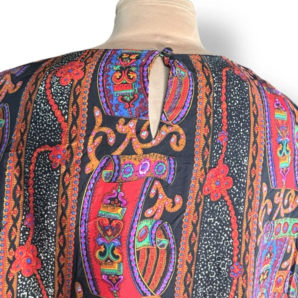 Vintage Silk Blouse 24W Bold Print Black Red Purple Scroll Pattern Top Crewneck - Image 3