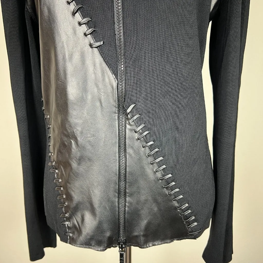 Yuka Sweater Jacket Womens Large Black Faux Leather Ribbed Knit Zip Whip Stitch‎ - Image 15