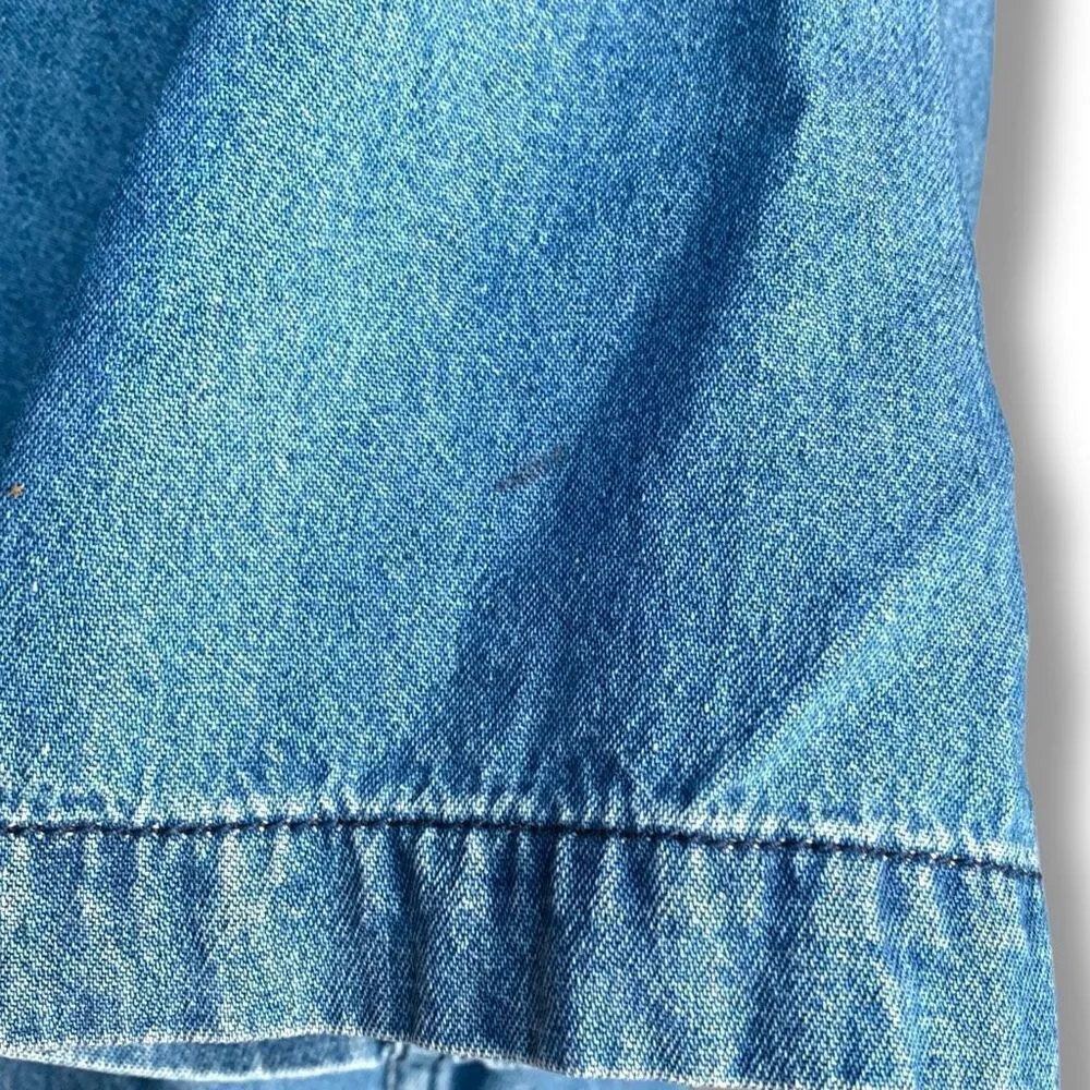 Vintage 90s Embroidered Chambray Denim Short Sleeve Button Up Top Plaid Picnic Blue Size M - Image 6