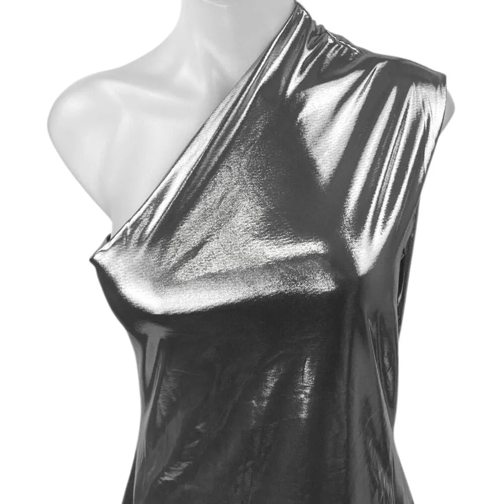 NEW Lu Feng Gray Metallic One Shoulder Sleeveless Mini Bodycon Tank Dress Size L Silver Size L - Image 3