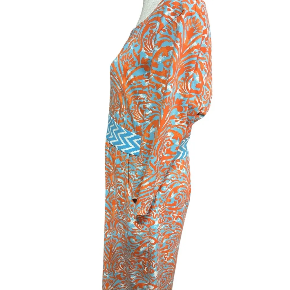 J McLaughlin Dillards Emma Dress Catalina Cloth Blue Orange Boat Neck Modest‎ LG - Image 2