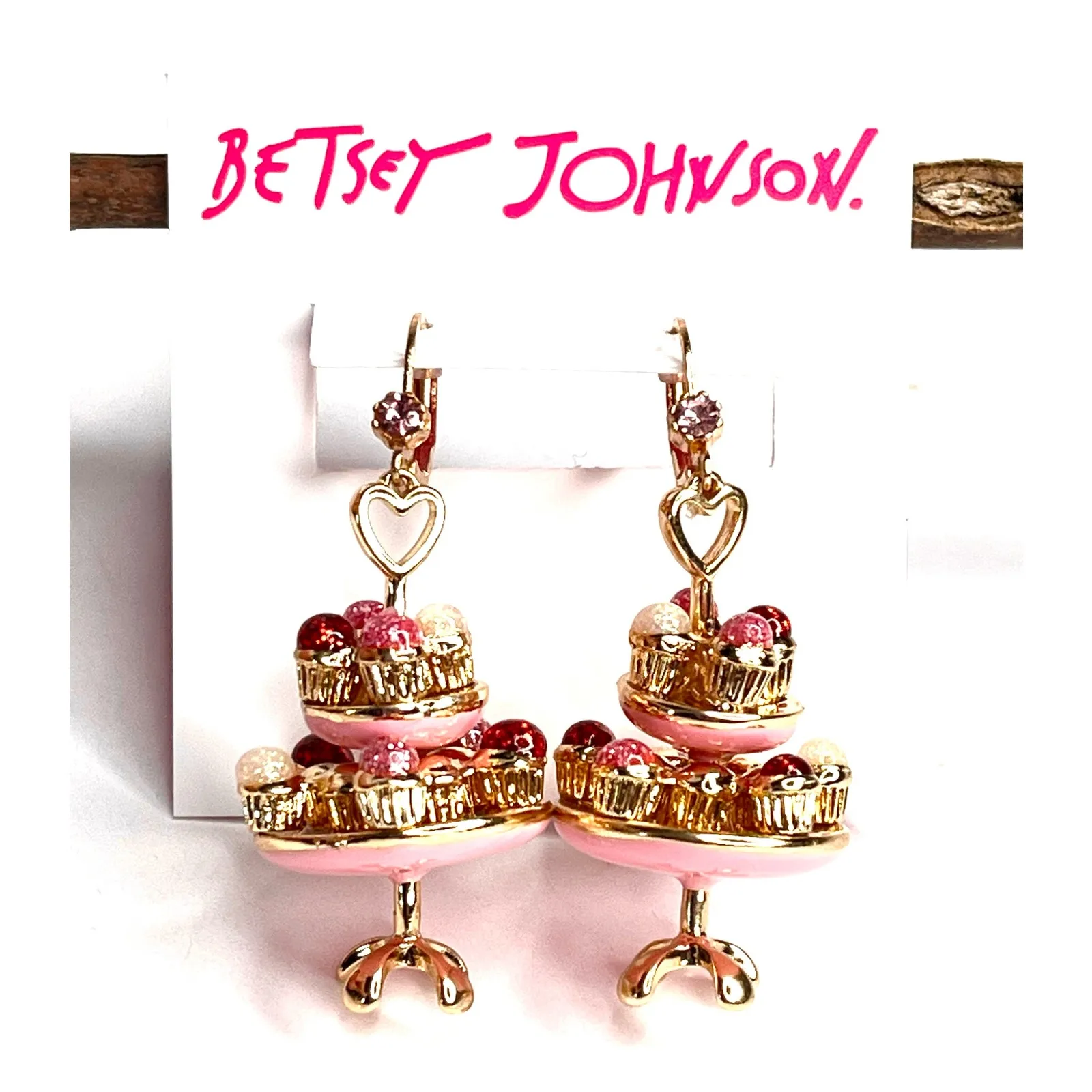Betsey Johnson EARRINGS Dangle Drop Cupcake Wedding Tiered Cake Plate Gold Pink - Image 2