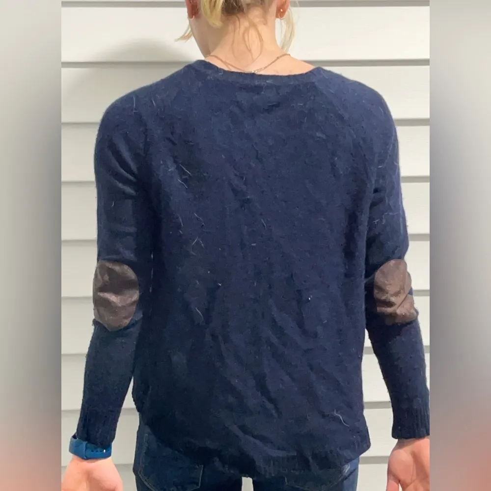 Navy sweater with brown leather elbow pads - Image 2