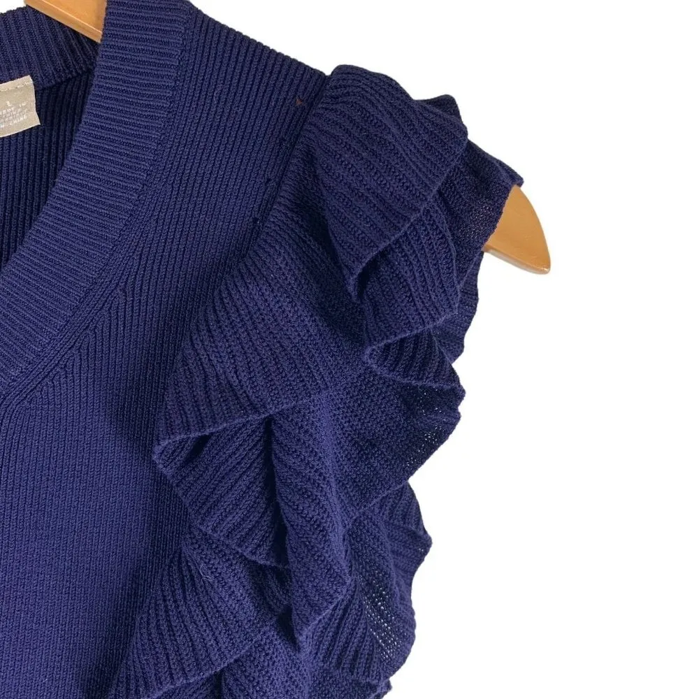 Knitted & Knotted CONSTANCE Navy Blue Ruffle Sleeve Knit Top Size Large Sweater - Image 5