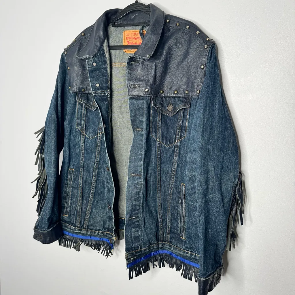Levi's denim jacket customized  with leather yokes, studs, and fringes size XXL - Image 2