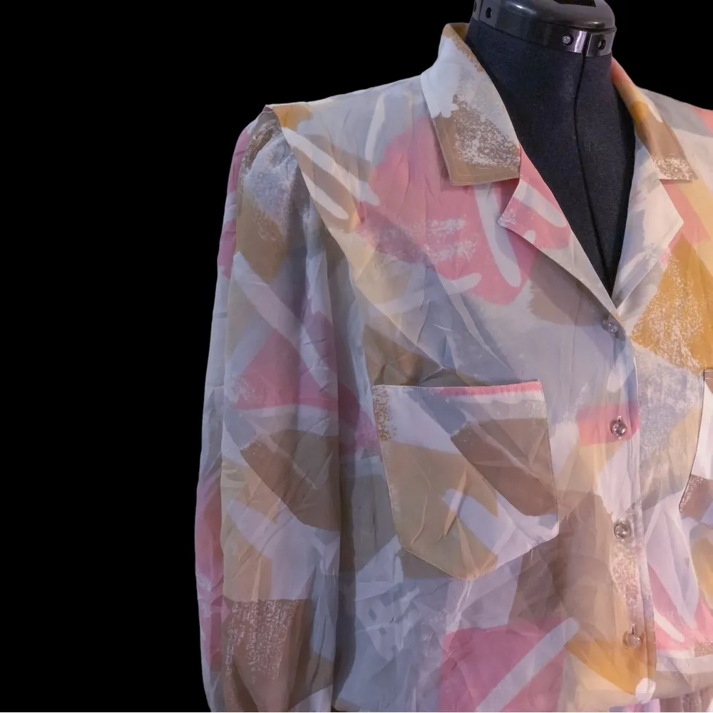 Vintage Leslie Fay White Pink Multicolor Abstract Print Collared Midi Dress - Image 8