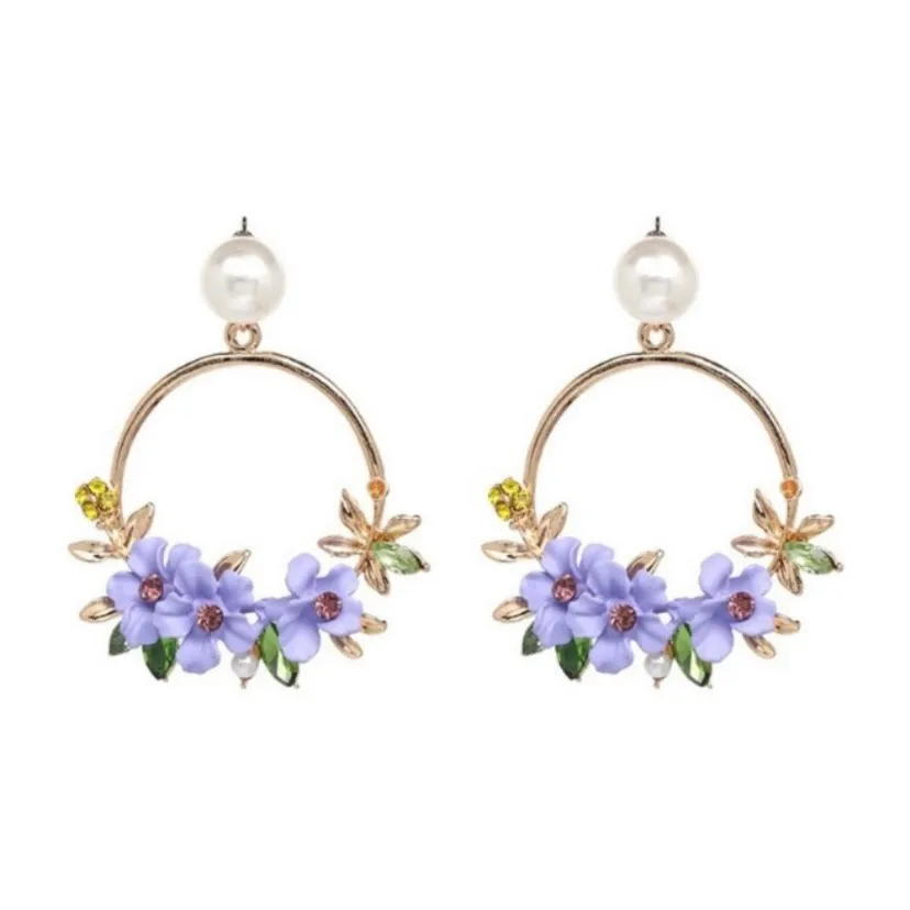 NWOT Gold Purple Floral Hoop Earrings - Image 2
