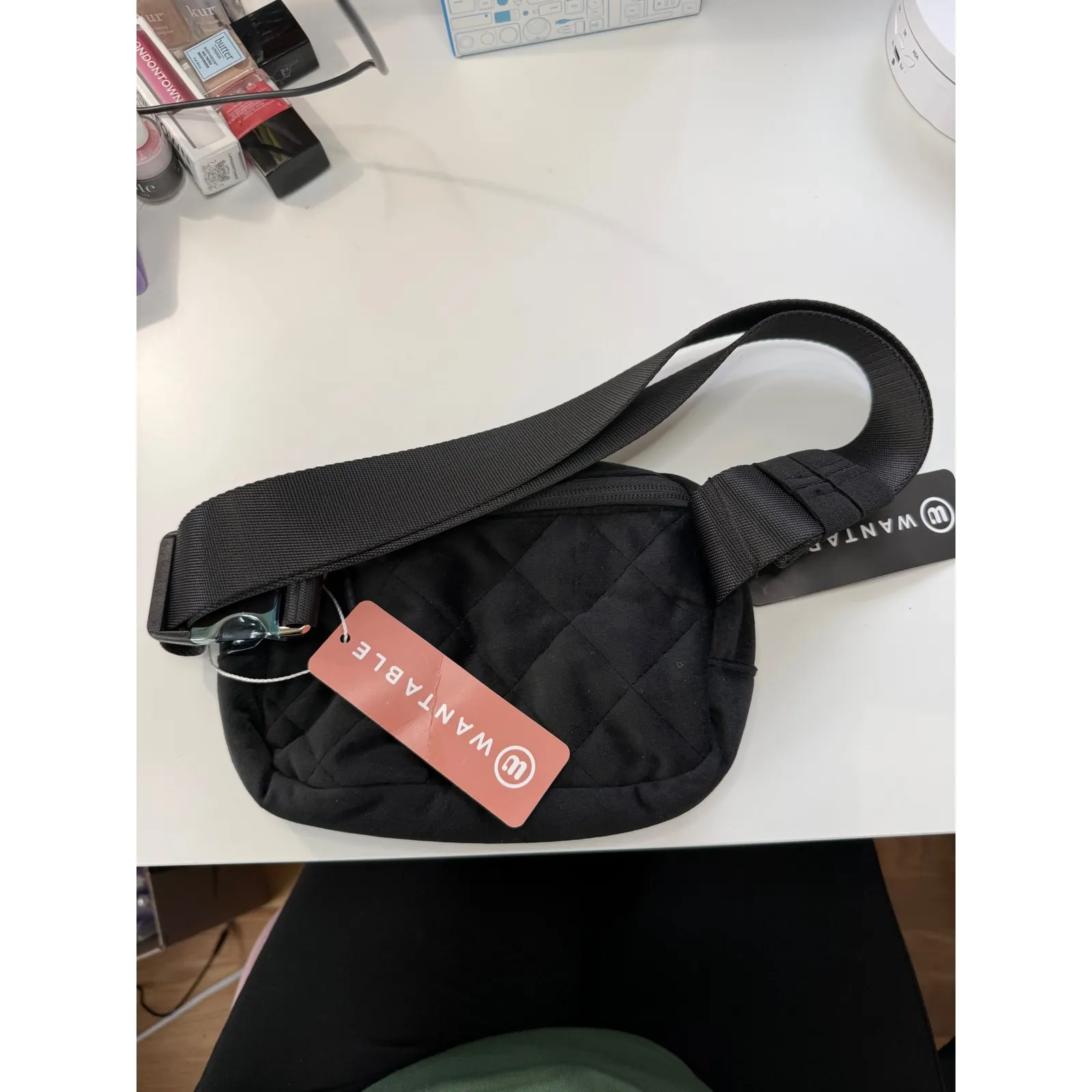 Wantable Black Velvet Quilted Belt Bag Fanny Pack Gold Logo New With Tags - Image 4