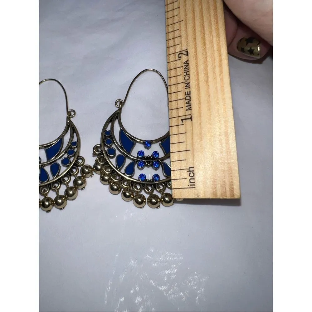 Boho Ethnic Crescent Dangle Blue And Gold Earrings Silver - Image 5