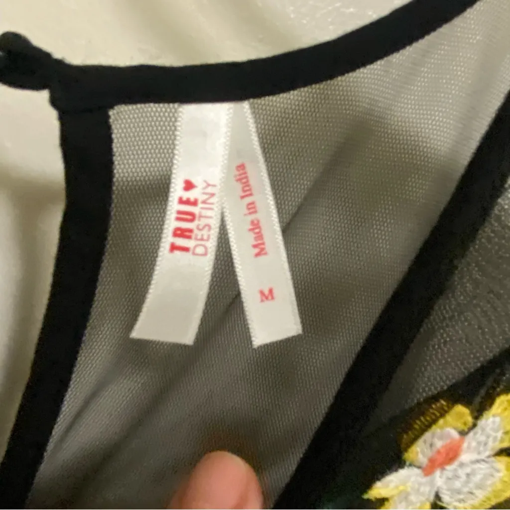 True Destiny Womens Black Mini Dress M 36” Embroidered Floral Flowers Embroidery - Image 5