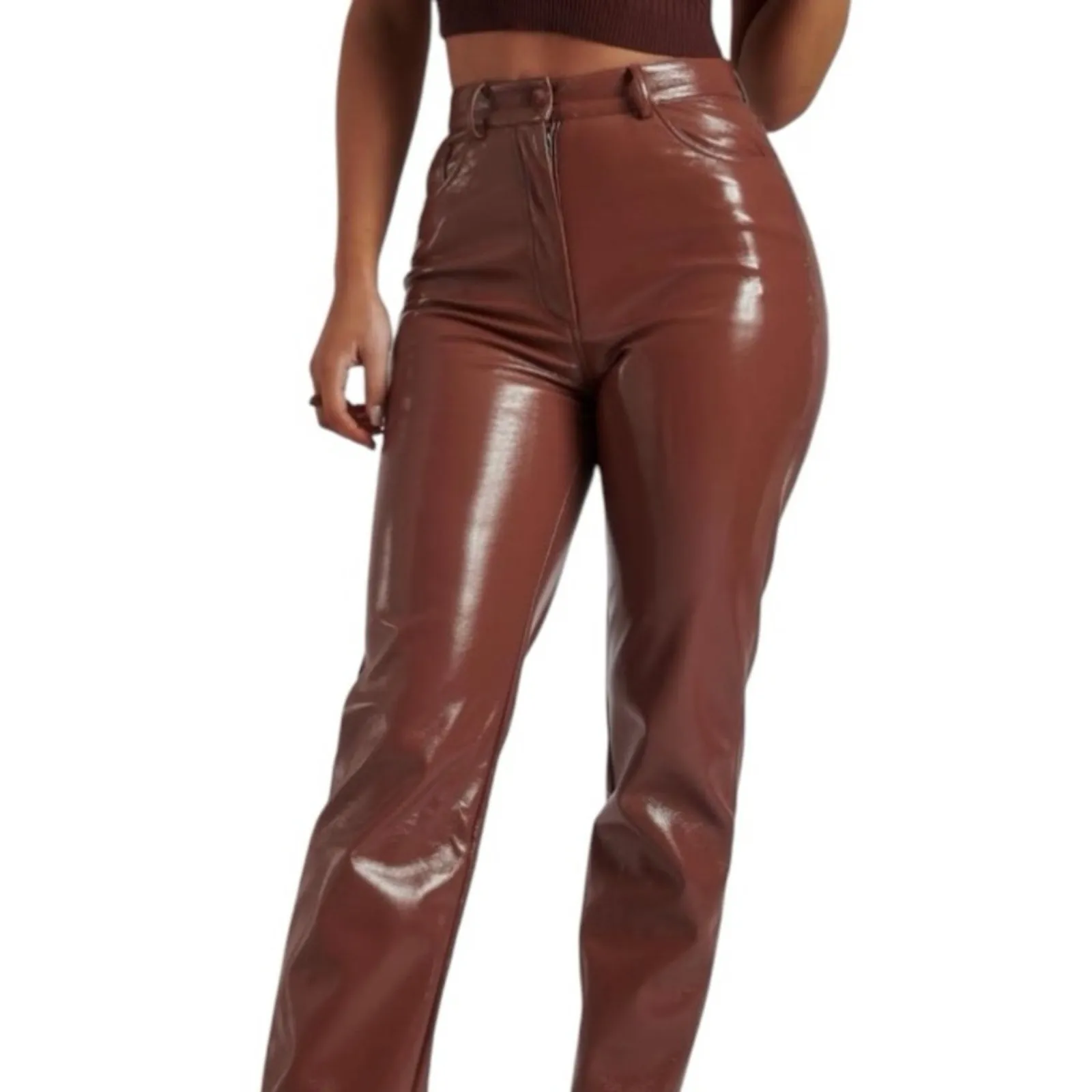 Meshki Oakleigh Cherry Brown Faux Leather Straight Leg Pants High Rise L - Image 2