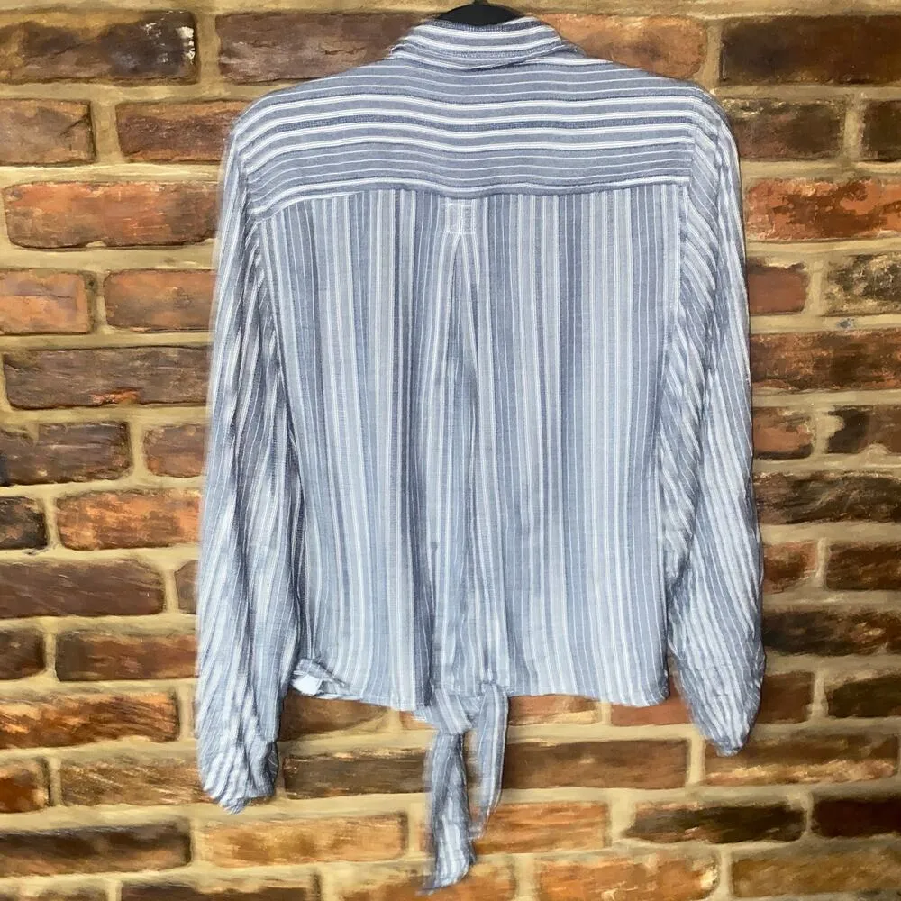 American Eagle Blue White Striped Tie Waist Long Sleeve Button Up Top Medium - Image 6