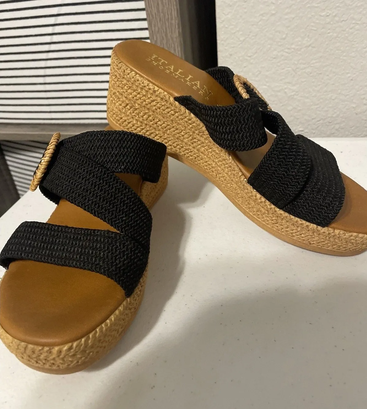 Italian Shoemakers Wedge Sandals Blue Strap Size 7 M Made in Italy - Image 1