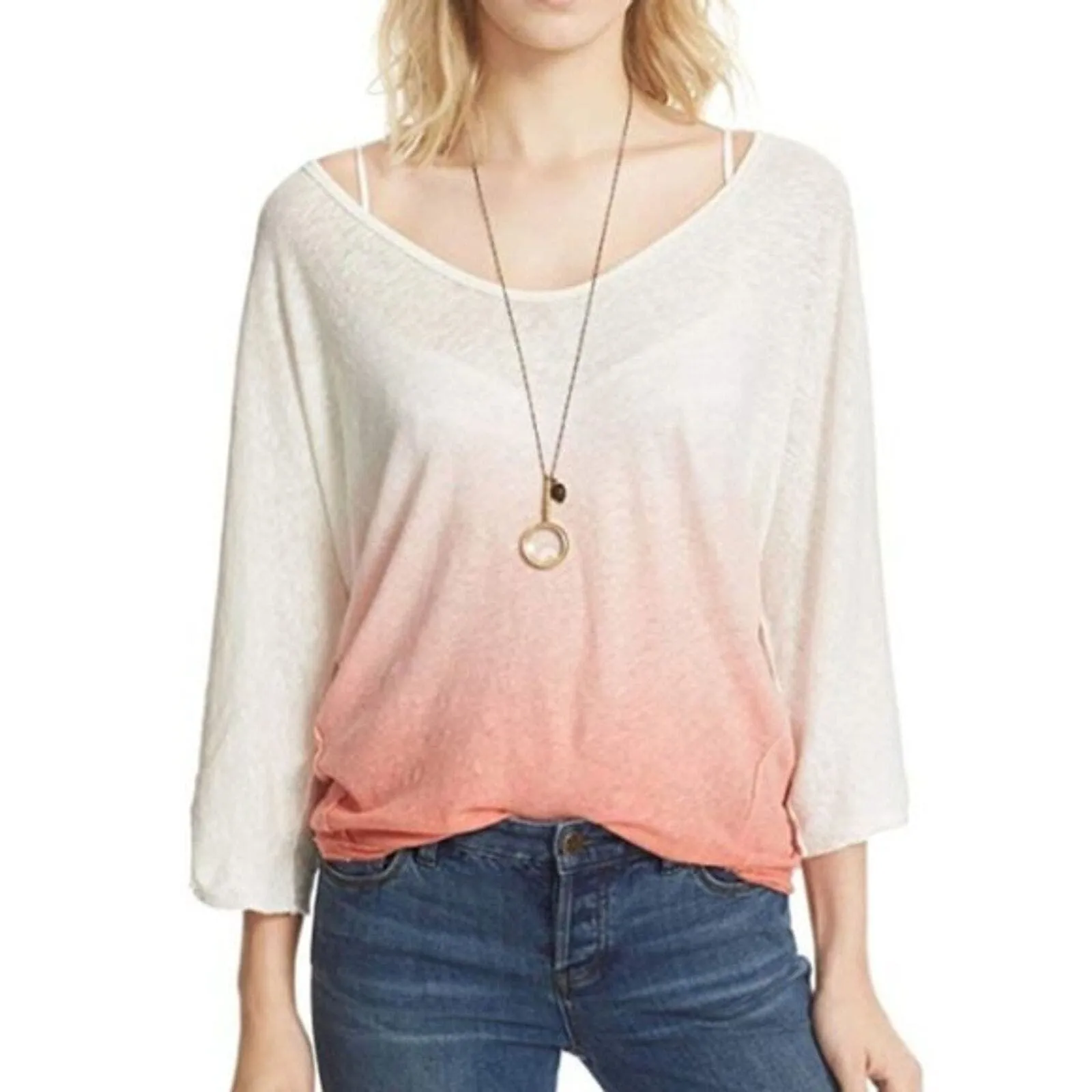 Free People Shirt Women XS Ivory Pink Strawberry Ombre Dolman Linen Blend Casual - Image 9
