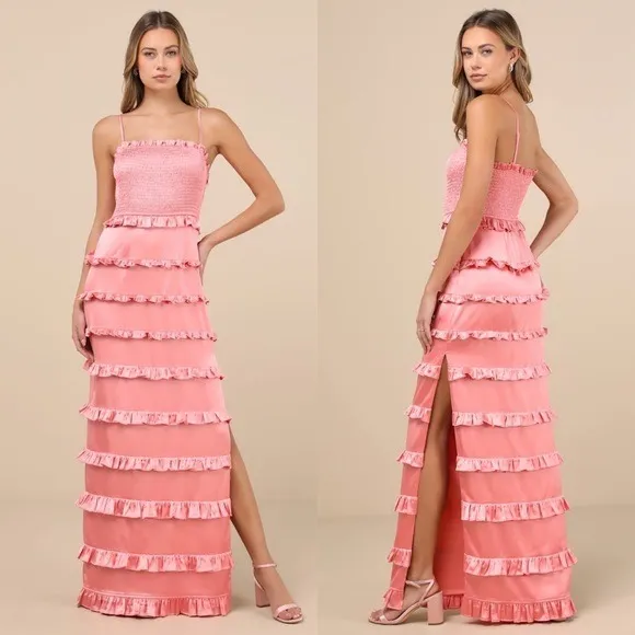 Lulus Sincerely Fabulous Peach Pink Satin Smocked Ruffled Maxi Dress Size M Size M - Image 2