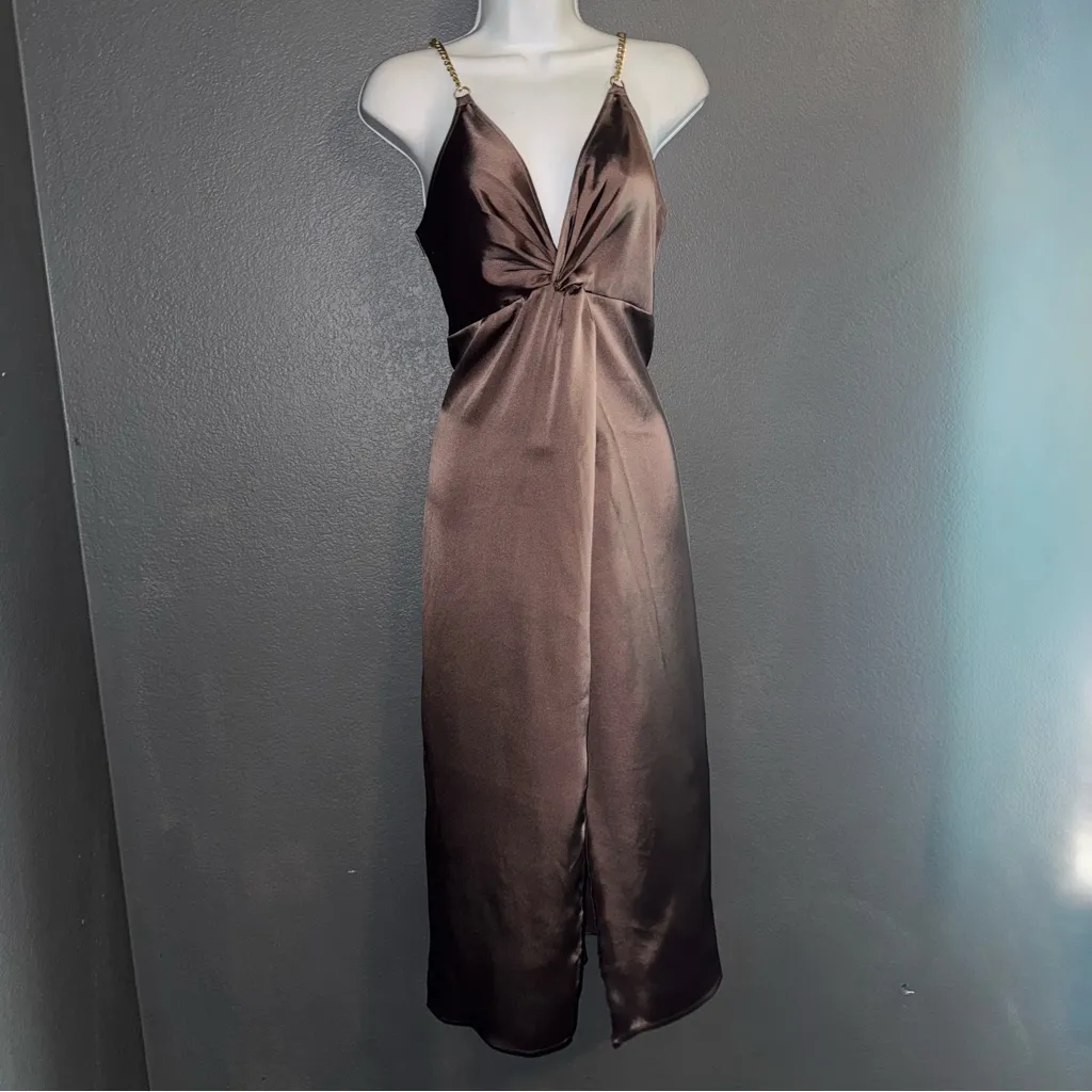 Express New w Tags Brown Satin V-Neck Gold Chain Sexy Cocktail Dress Medium - Image 5