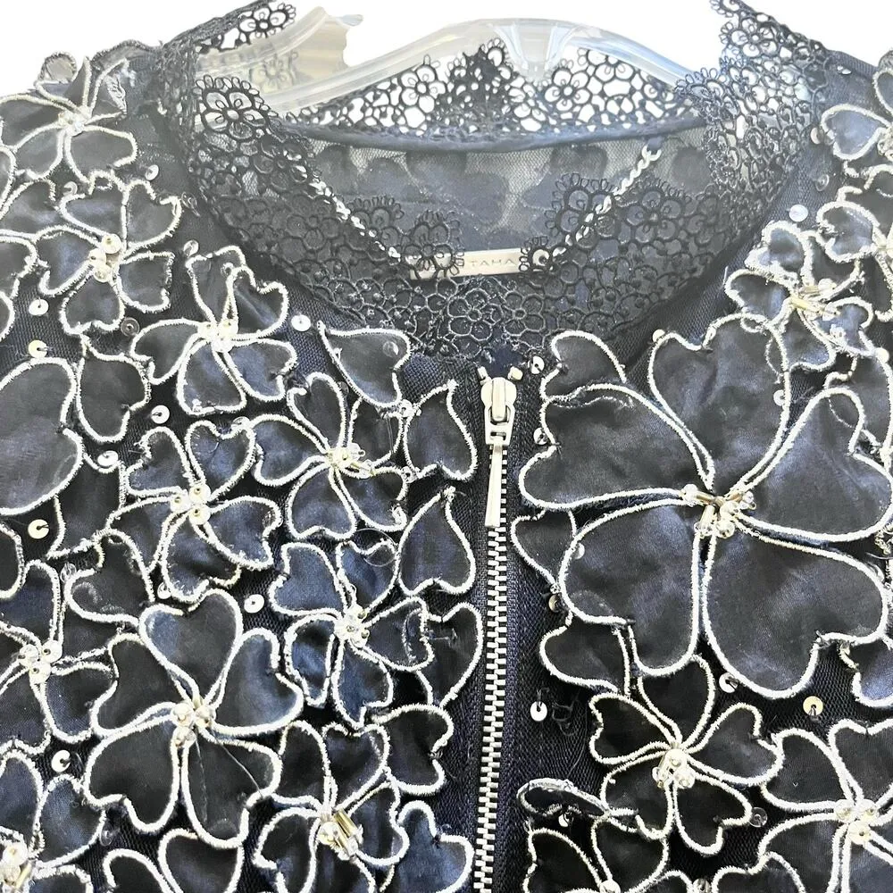 Elie Tahari Navy Silver Floral Lace Sheer Organza Silk Bomber Jacket Size Medium - Image 2