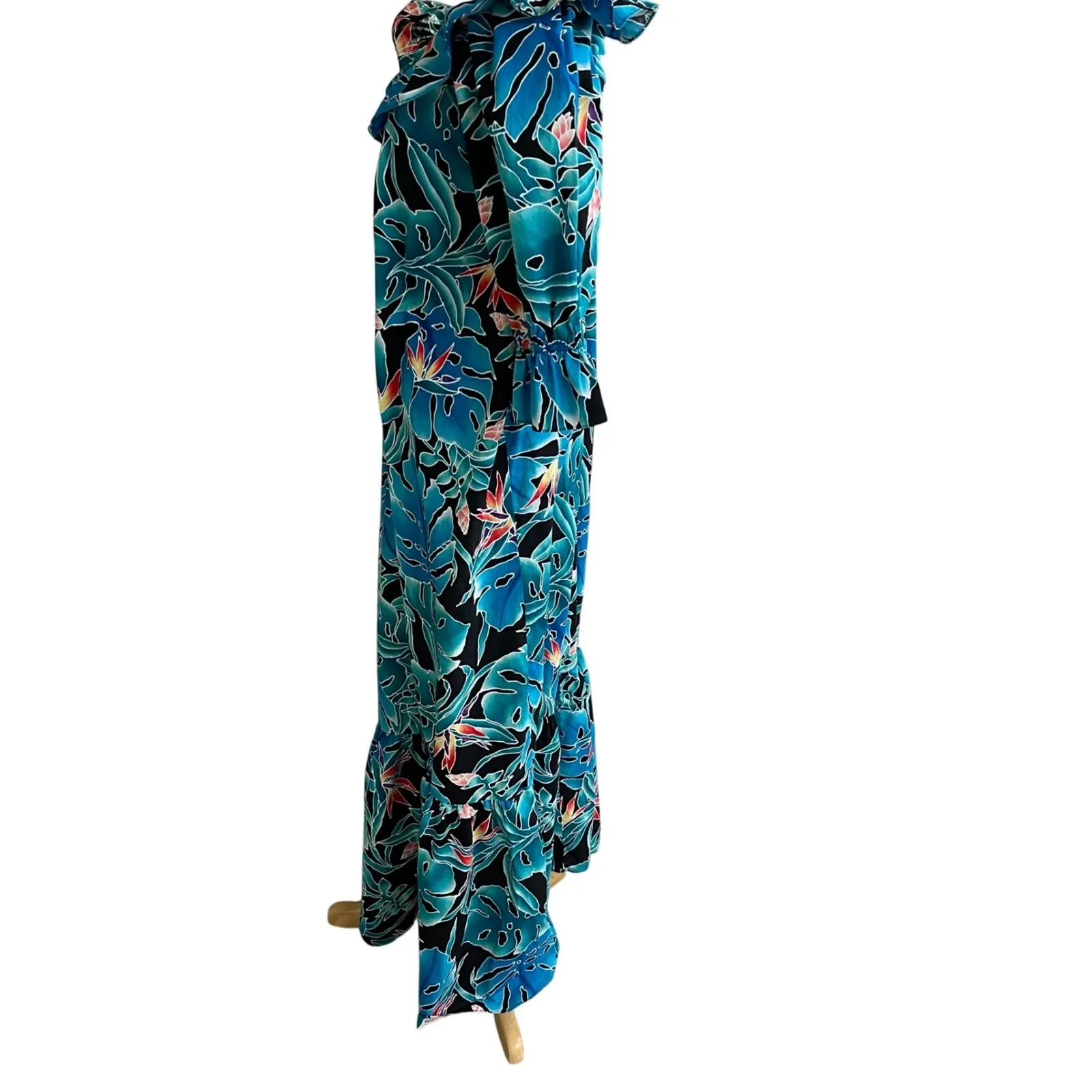 Hilo Hattie Hawaiian Maxi Dress Turquoise Blue Floral Print Ruffle Sleeve Size S - Image 2