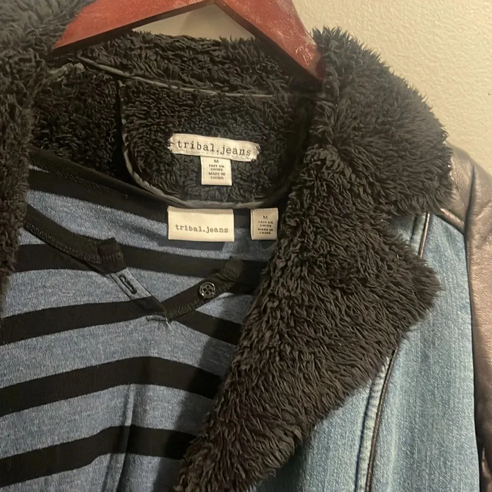 Tribal Jeans Y2K faux shearling pleather moto jacket zip with fur Blue Size M - Image 7