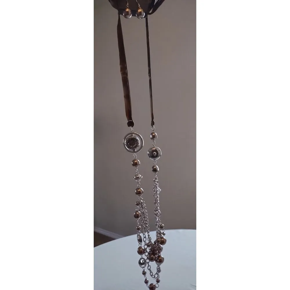 Silver Tone Brown Faux Pearl Ribbon Tie Back Layered Necklace Paparazzi New - Image 5