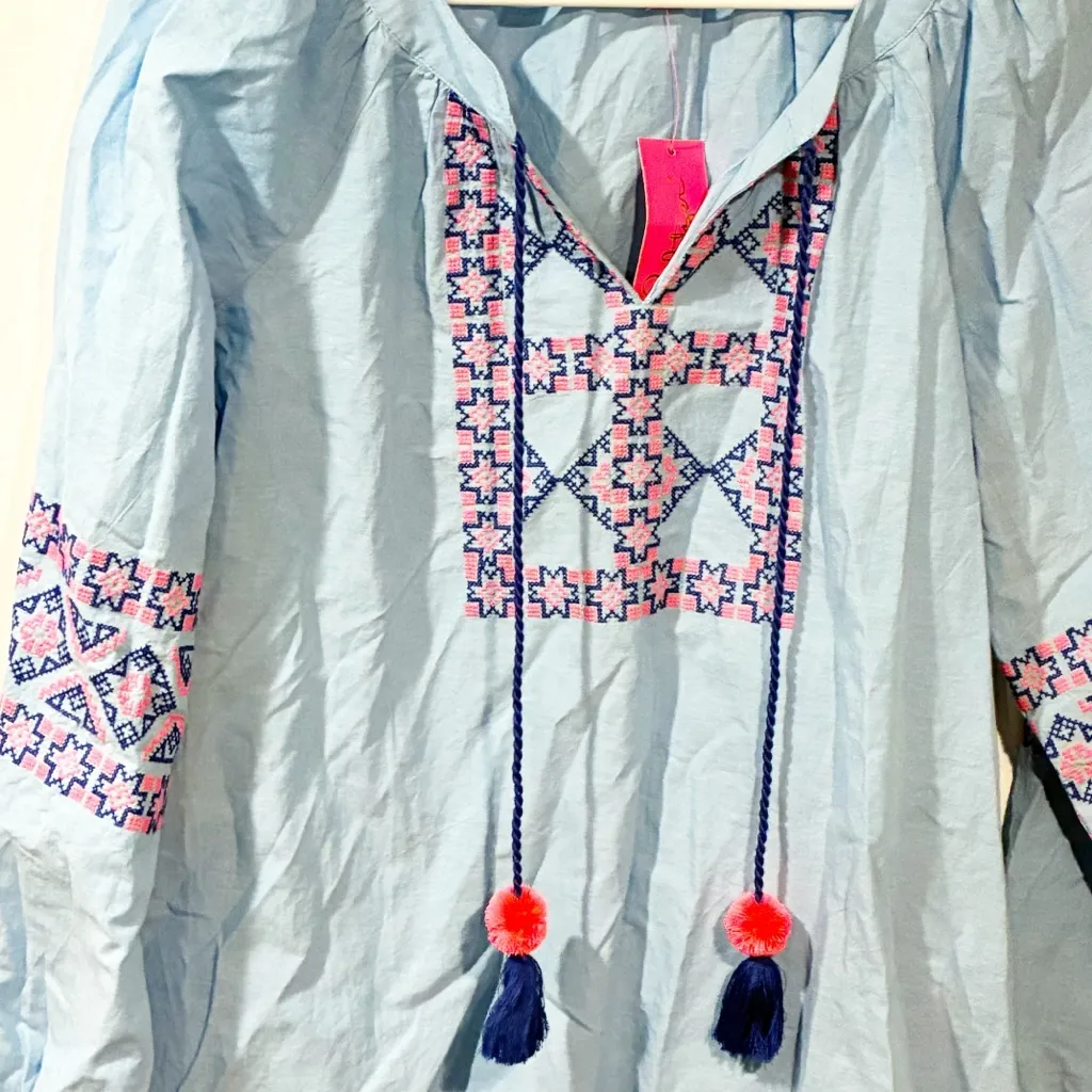 Lilly Pulitzer Cecile Zanzibar Blue Embroidered Long Sleeve Tunic Top Small NEW - Image 3