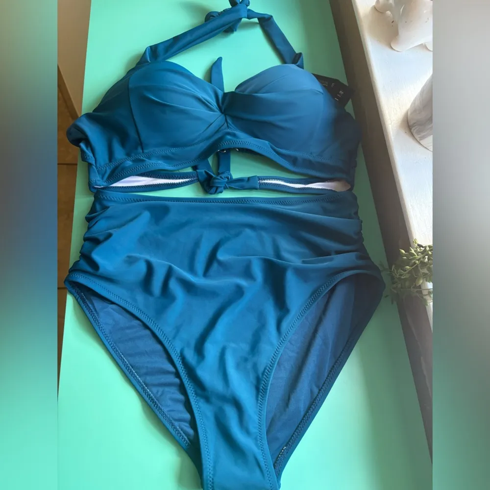 NWT Tempt Me Teal Vintage Swimsuit Retro Halter Ruched High Waist Bikini Set - Image 10