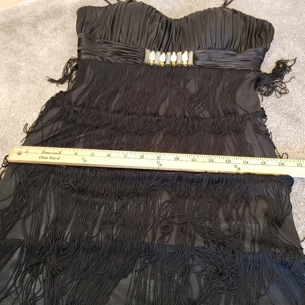 La femme Size 2 Tassle Fringe Flapper Girl Black Dress Jewel Fancy LBD Formal - Image 2