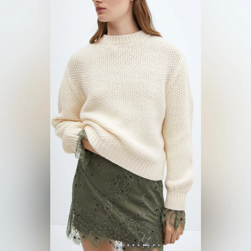 Mango Women’s Ivory‎ Round Spring Neck Knitted Sweater Size Small - Image 2