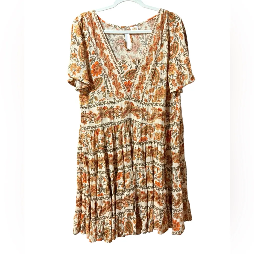 Bila Boho Floral Paisley Dress Tiered Ruffle Hem VNeck Short Sleeve Peasant Sz L Orange Size L - Image 6