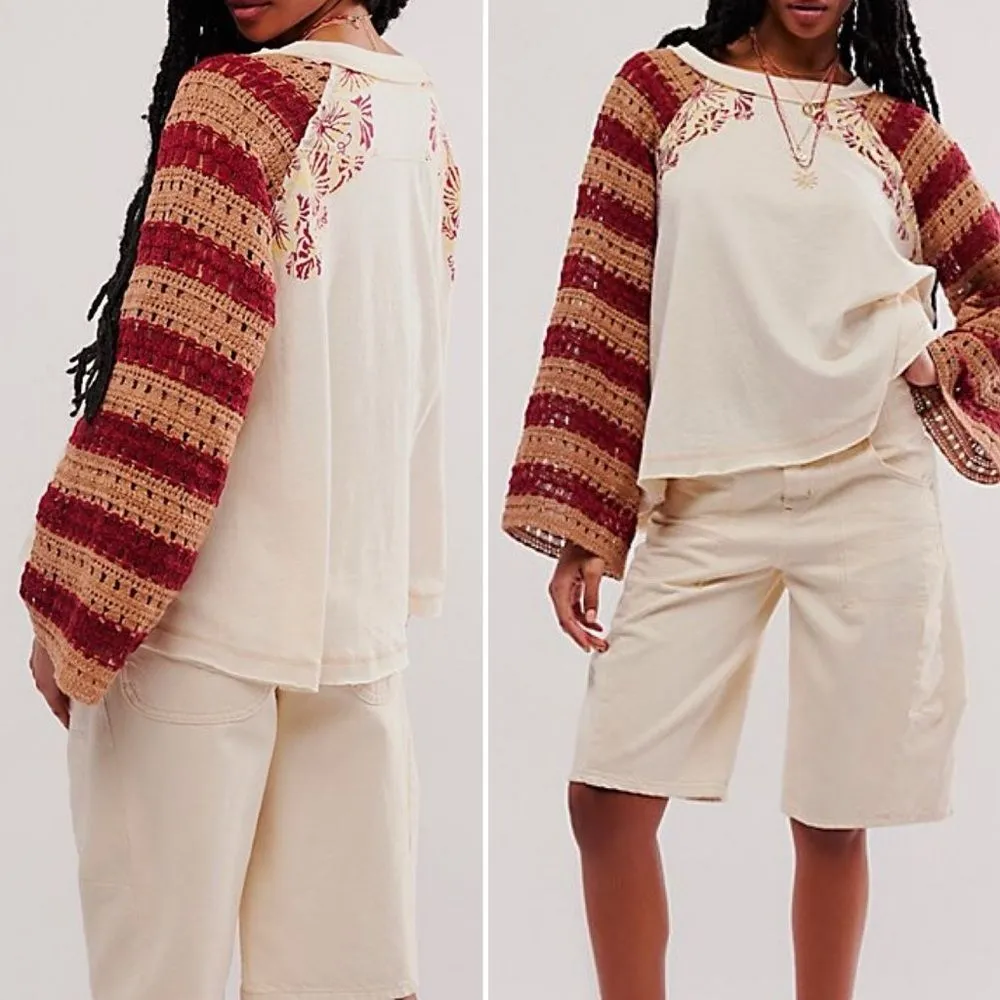 Free People Festival Ready Tee Crochet Sleeve Cream & Rust Knit Top Size Large - Image 16