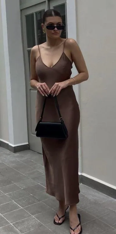 dress midi maxi satin wedding chocolate brown party cocktail - Image 9