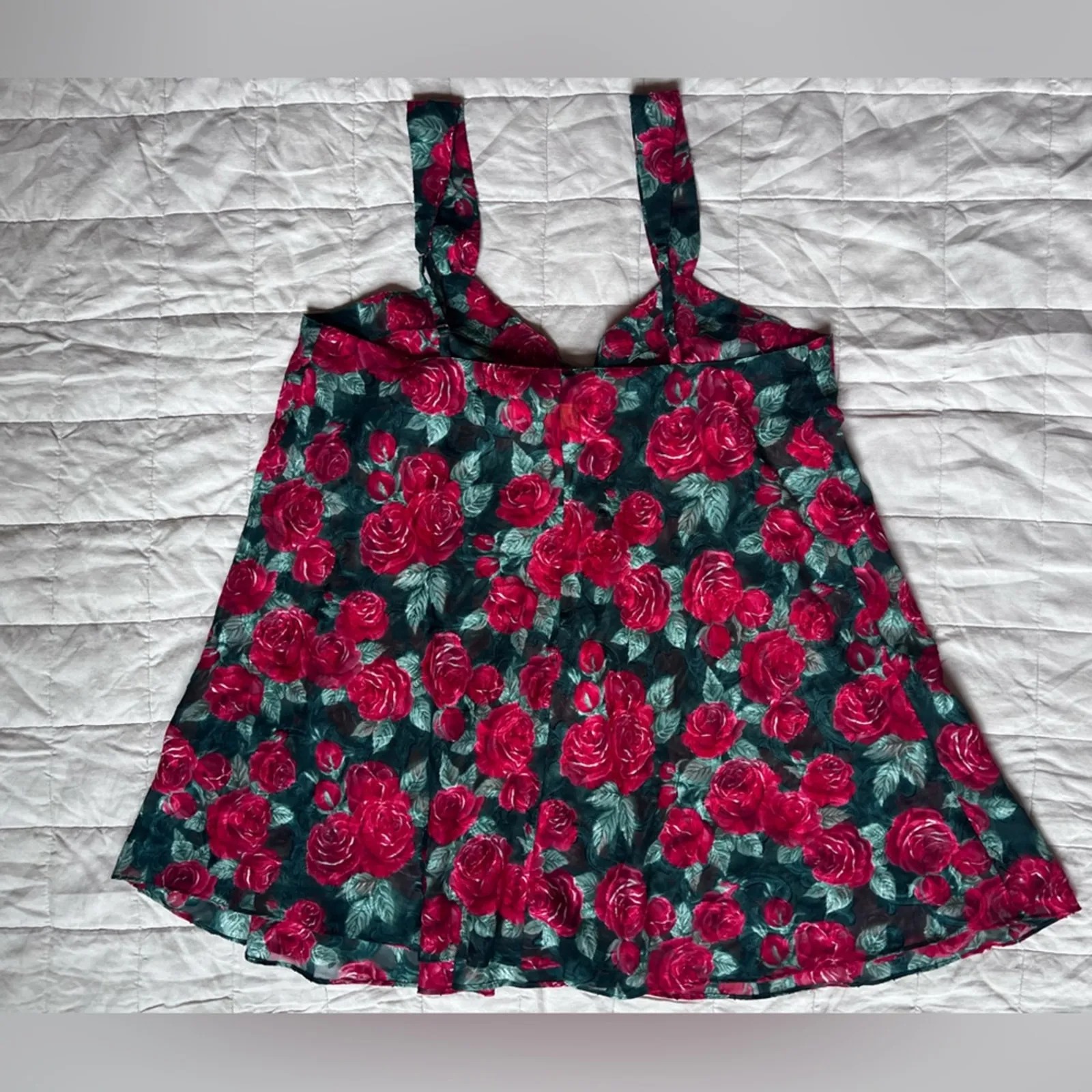 Vintage 90s VS Red Rose Floral Sheer Babydoll Mini Dress Lingerie Romantic - L - Image 2
