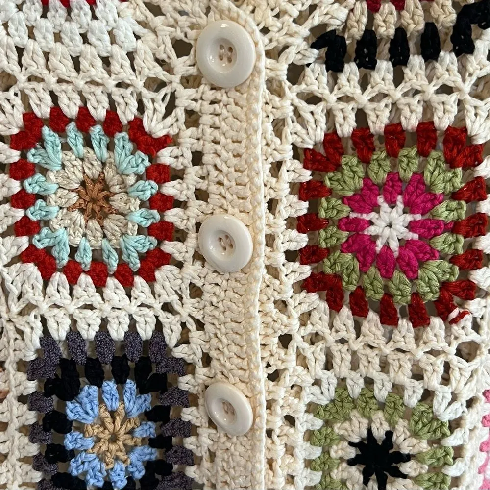 Womens Boho Crochet Patchwork Knit Cardigan Sweater Size S Granny Festival Y2K - Image 3