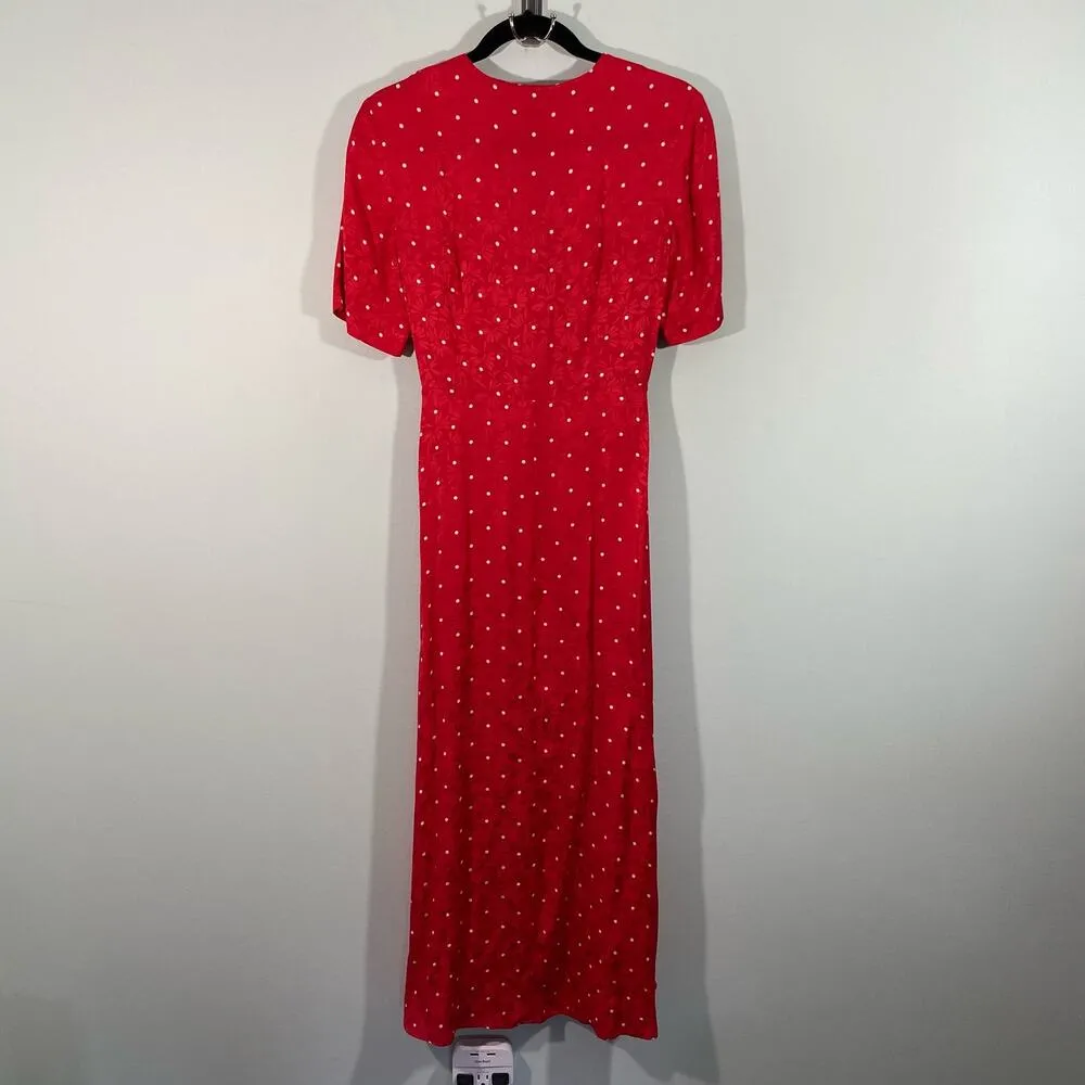 Maje Women's Red Polka Dot Textured Floral Tie Front Cutout Midi Dress Size 36 - Image 8