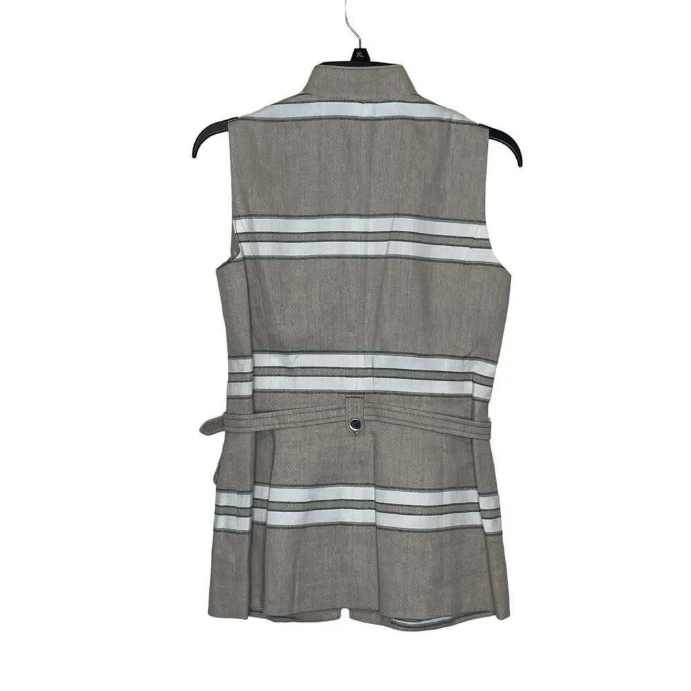 Worth Women Top Zip Up Belted Waist Vest Striped Linen Blend Workwear Tan Size 2 - Image 7