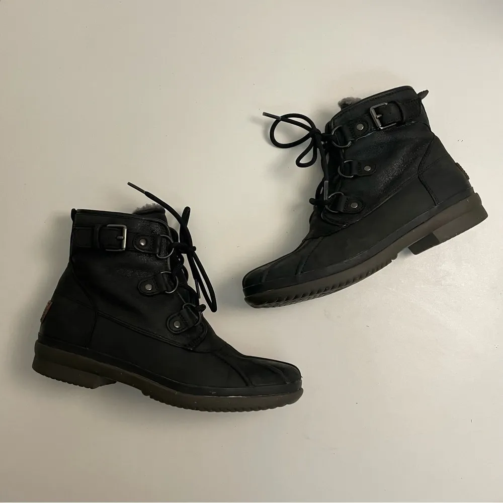 Ugg Boots Cecile Duck Utility Fur Sheepskin Lined Buckle Lace Up Rain Snow Black - Image 7