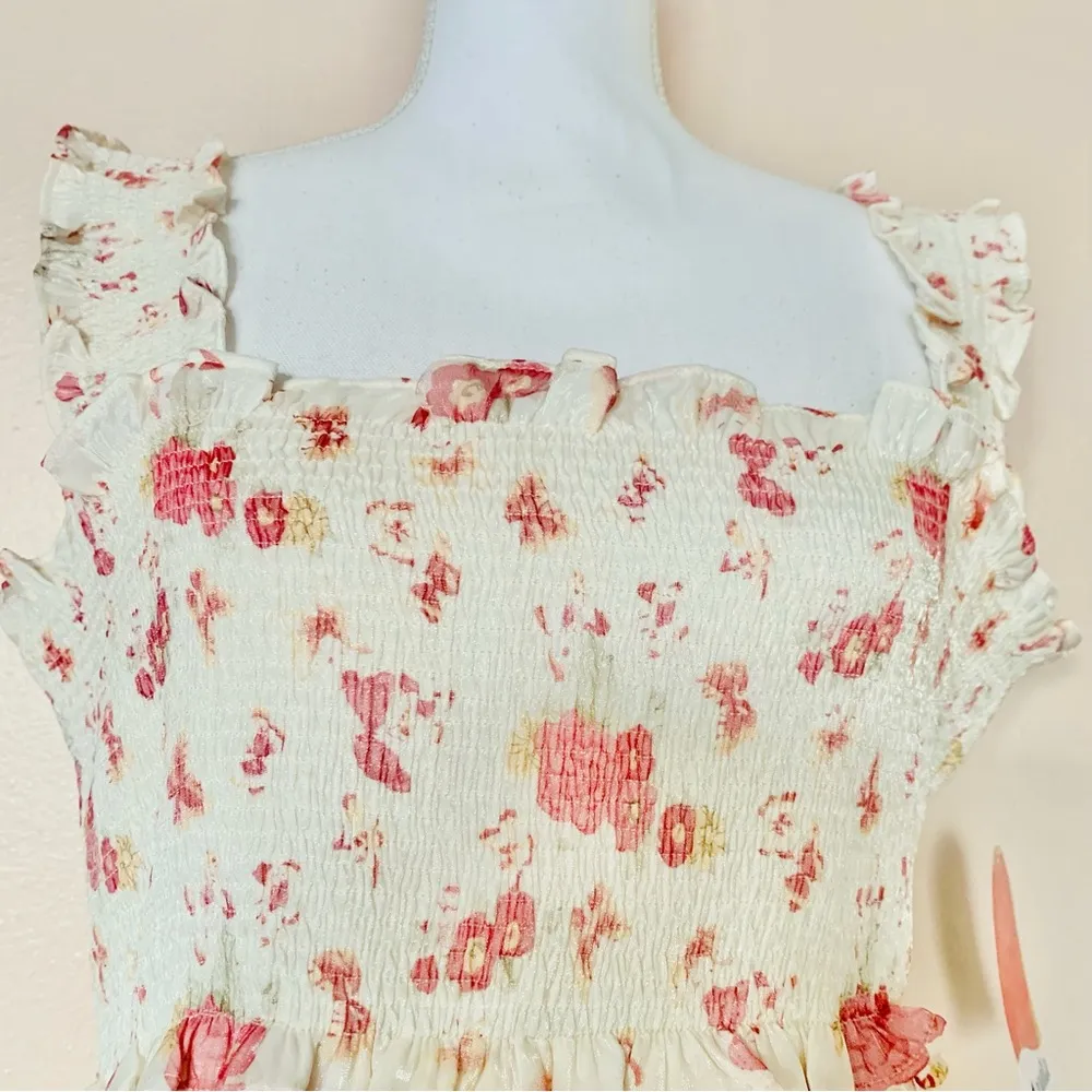 Arula Cream Pink Mauve Floral & Butterflies Sleeveless Smocked Dress. Tan Size XL - Image 7