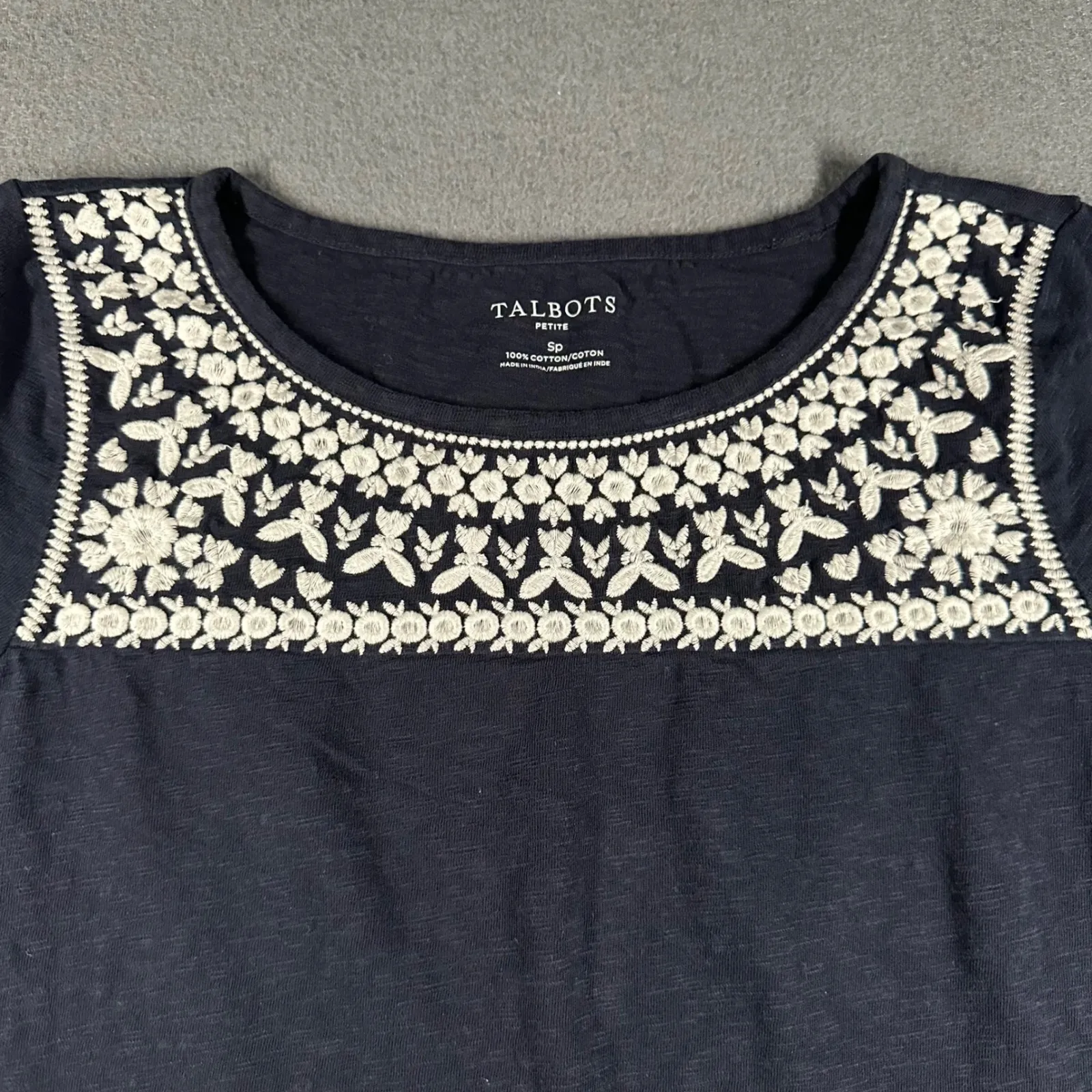 Talbots Shirt Womens SP Petite Navy Embroidered Cap Sleeve Cotton Casual Top - Image 2