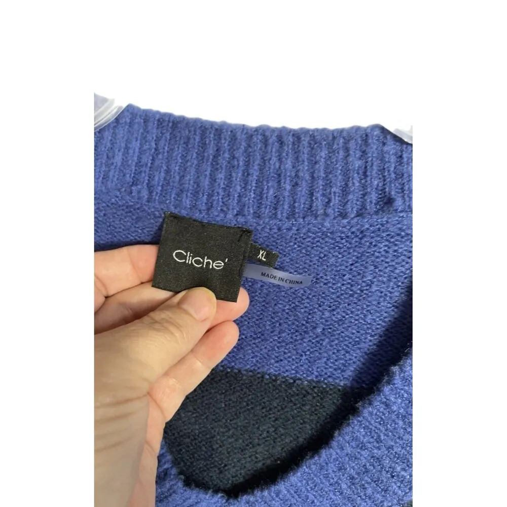 Cliche’ Wool Blend Colorblock V Neck Sweater Size XL Blue - Image 5