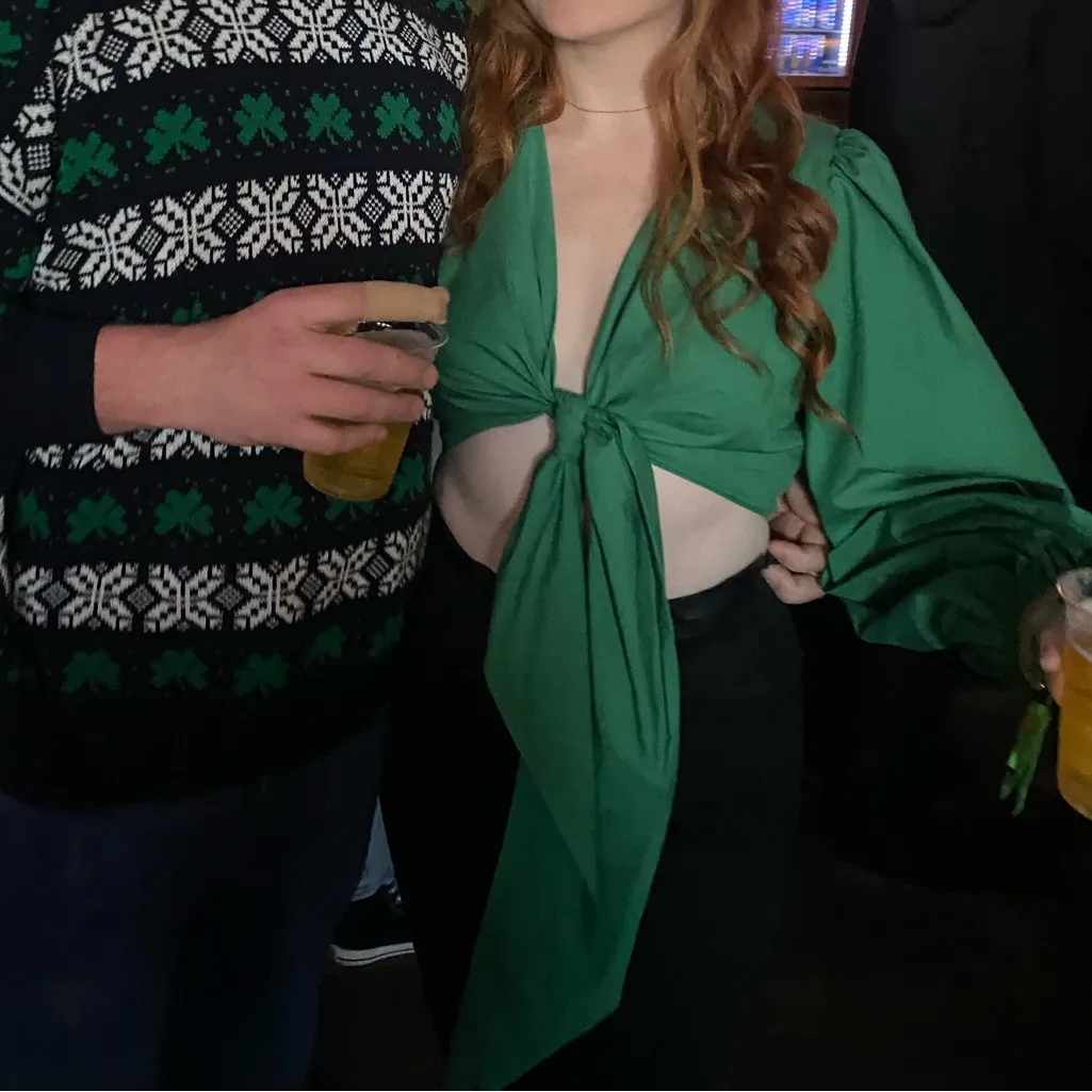 Green Tie-Front Long Sleeve Going Out Crop Top - Image 5