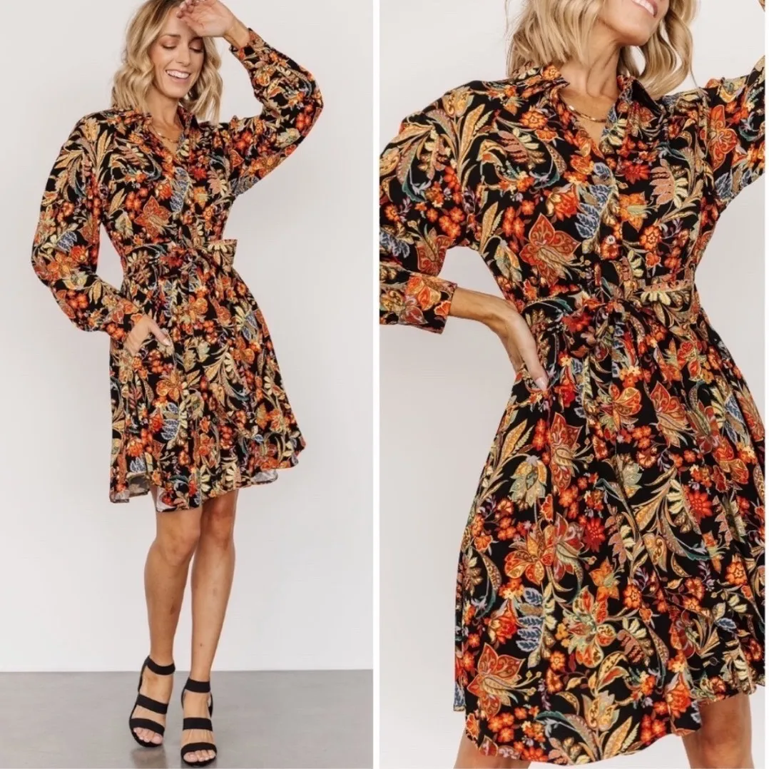 POLAGRAM | Black Orange Floral Button Front Tie Waist Long Sleeve  Mini Dress, S - Image 9