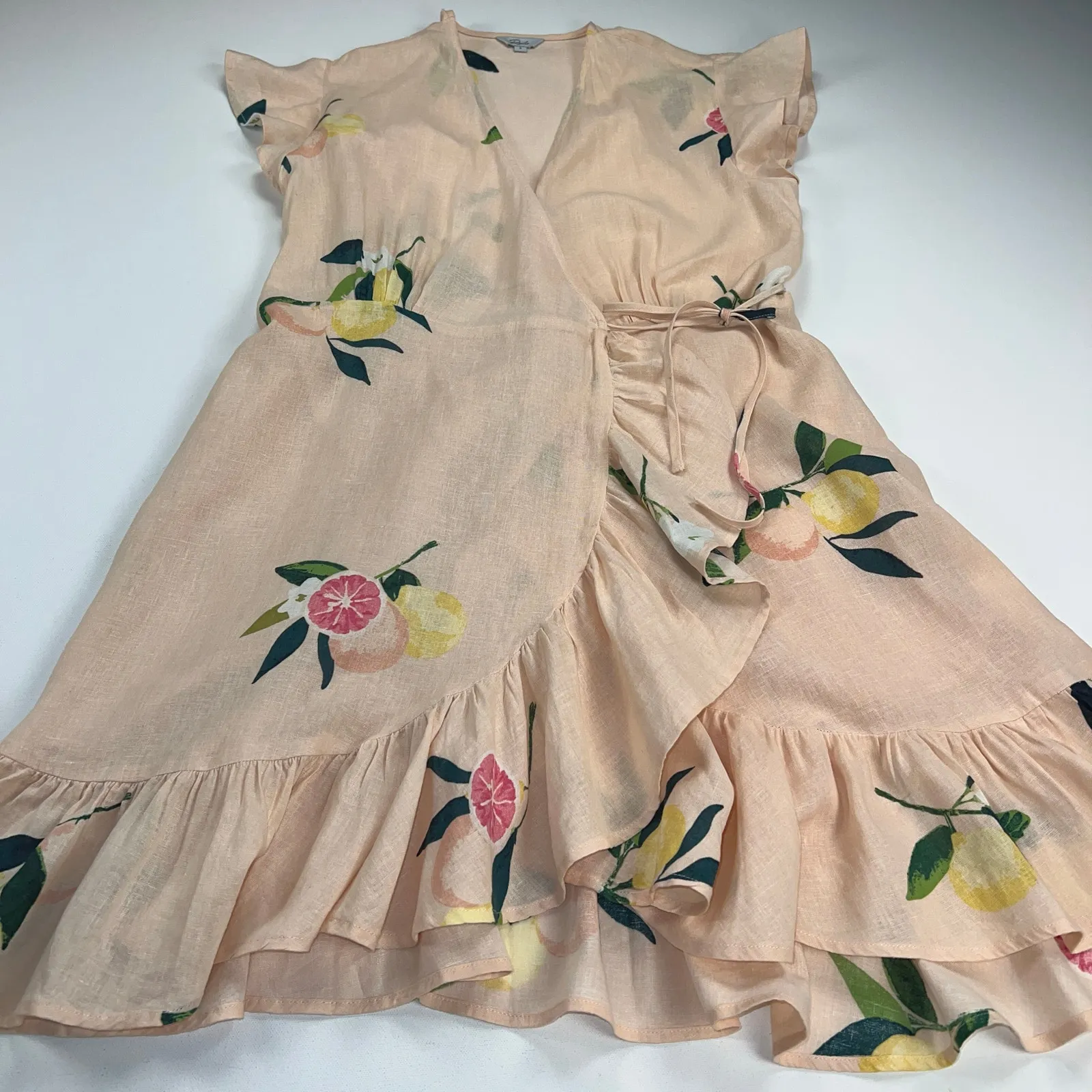 Rails Koreen Wrap Dress Ruffle Flutter Pink Grapefruit Print Linen Blend Size S - Image 14