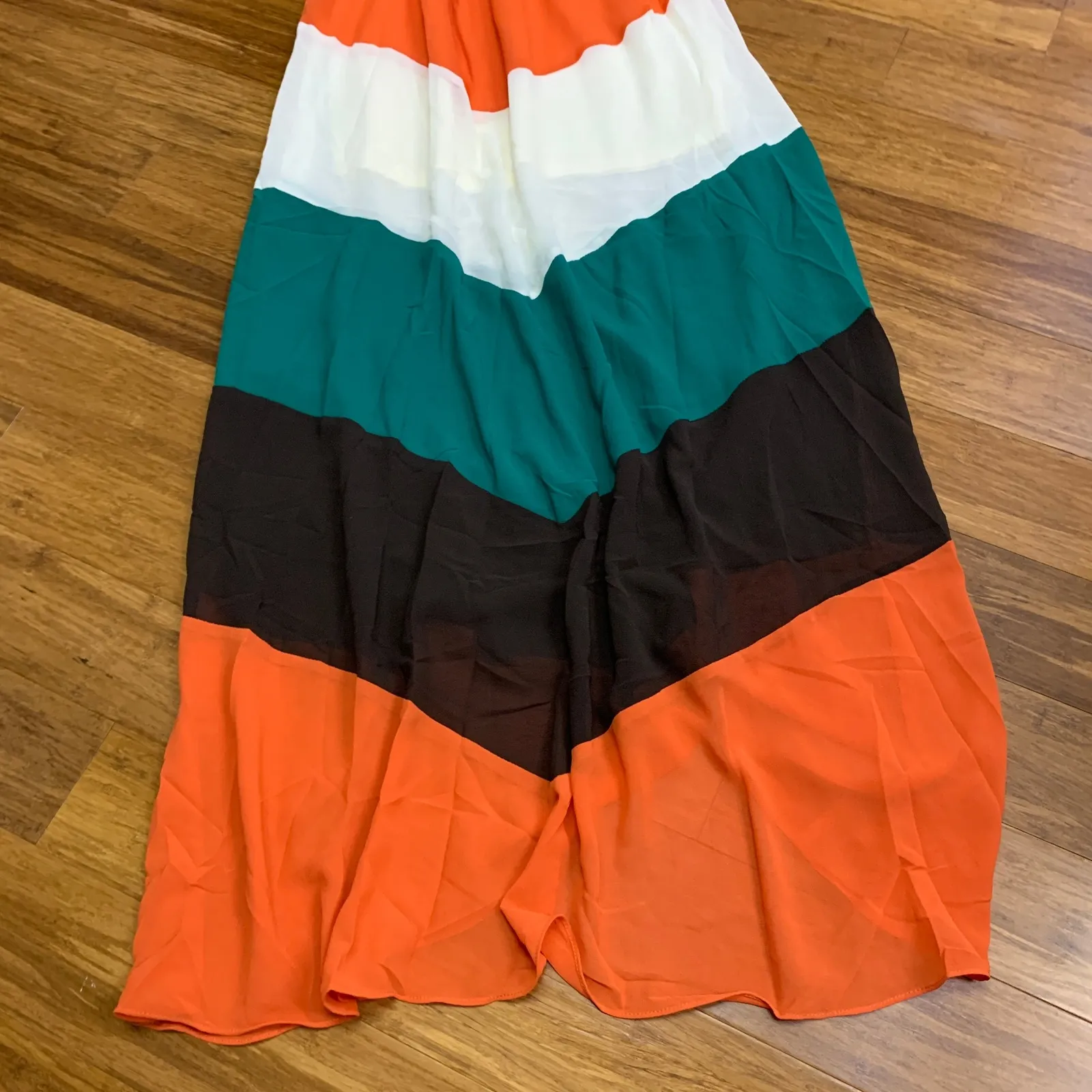 Miss Avenue Strapless Maxi Dress Women Size Small Chevron Print Orange Green NWT - Image 3