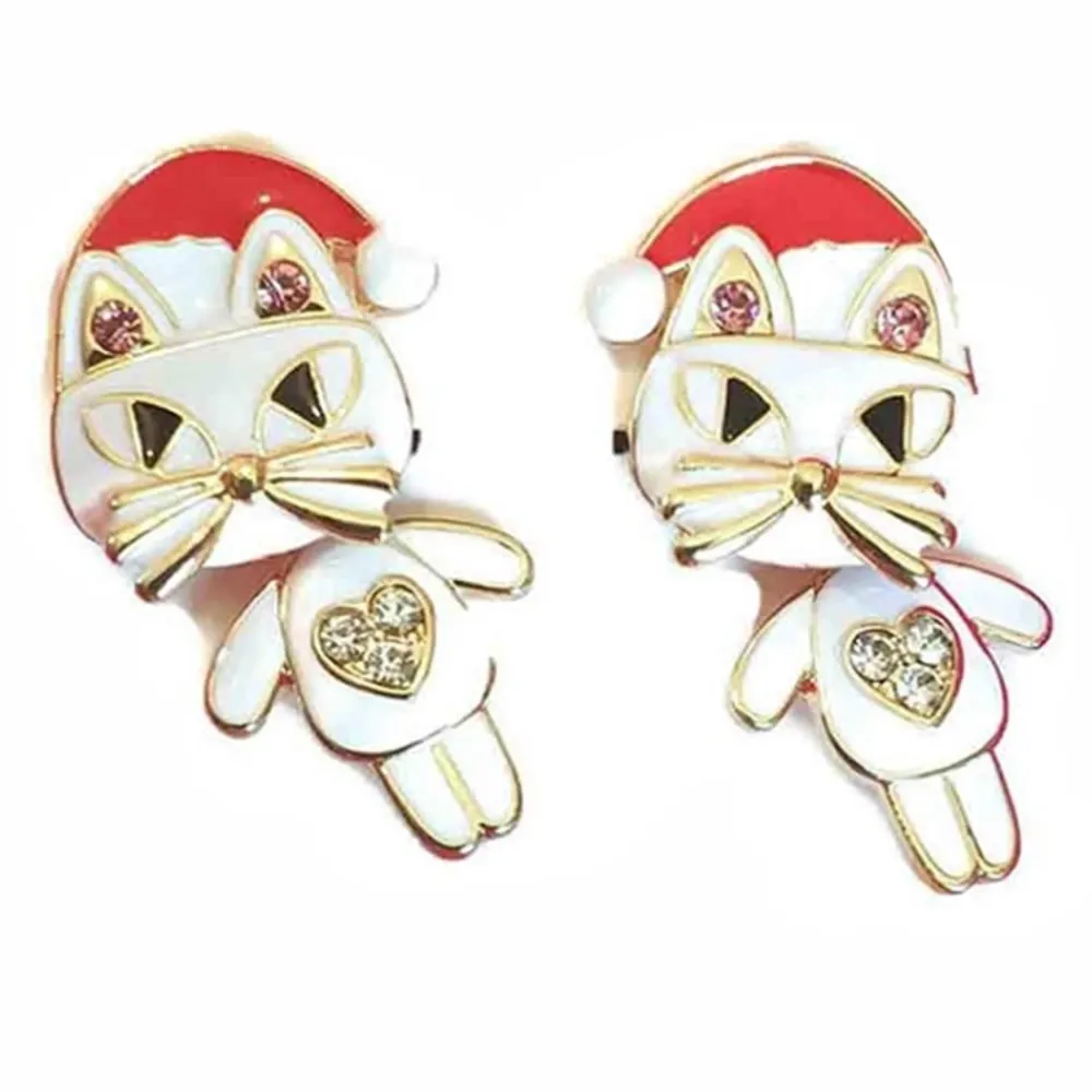 Betsey Johnson Santa Cat Earrings Gold, White, Red - Image 6
