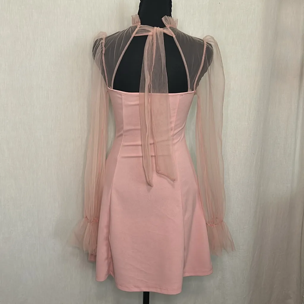 SHEIN Romantic Pink Puff Sleeve Dress – Sheer Detail & Ruffle Neckline size XS - Image 4